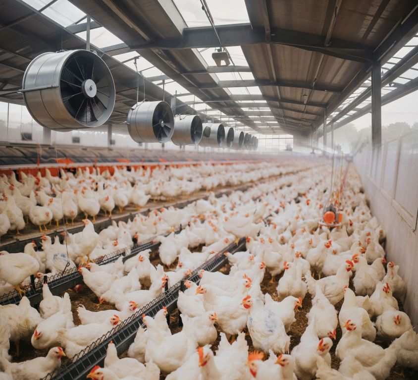 A group of chickens eating from a feed trough on a farm, representing agriculture, poultry farming, and animal husbandry.